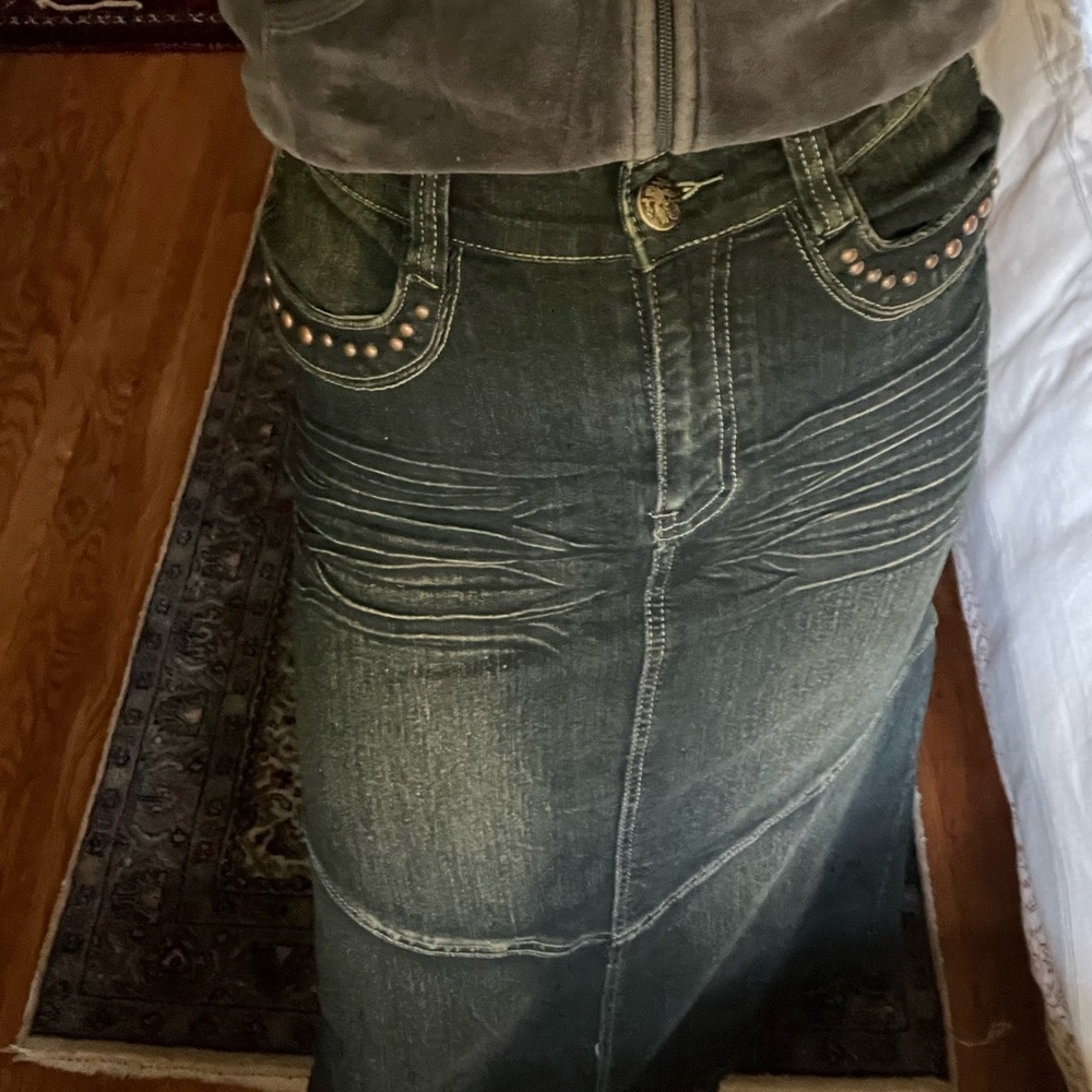 Dark wash maxi denim skirt